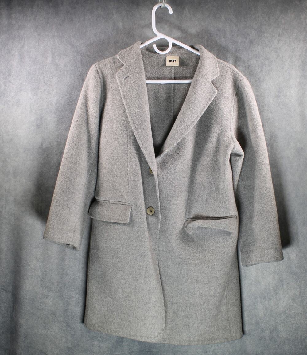 DKNY Women Gray Wool Blend Long Pea Coat Jacket Tailored Blazer Size Medium